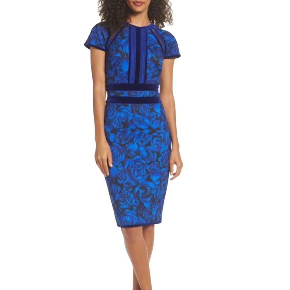 Tadashi Shoji Blue Rose Neoprene Sheath Dress Size 2 Knee Length Party Glam